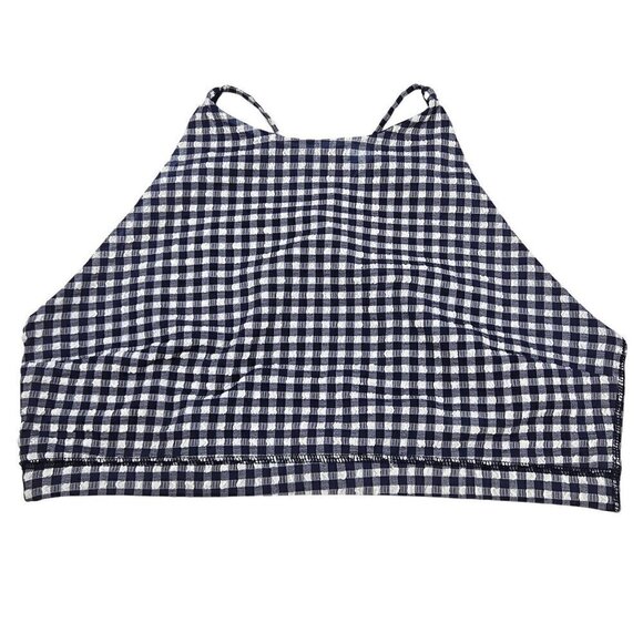 J. Crew Puckered Gingham Sports Bra Blue Women's Size XL High Neck Athleisure - Picture 2 of 9